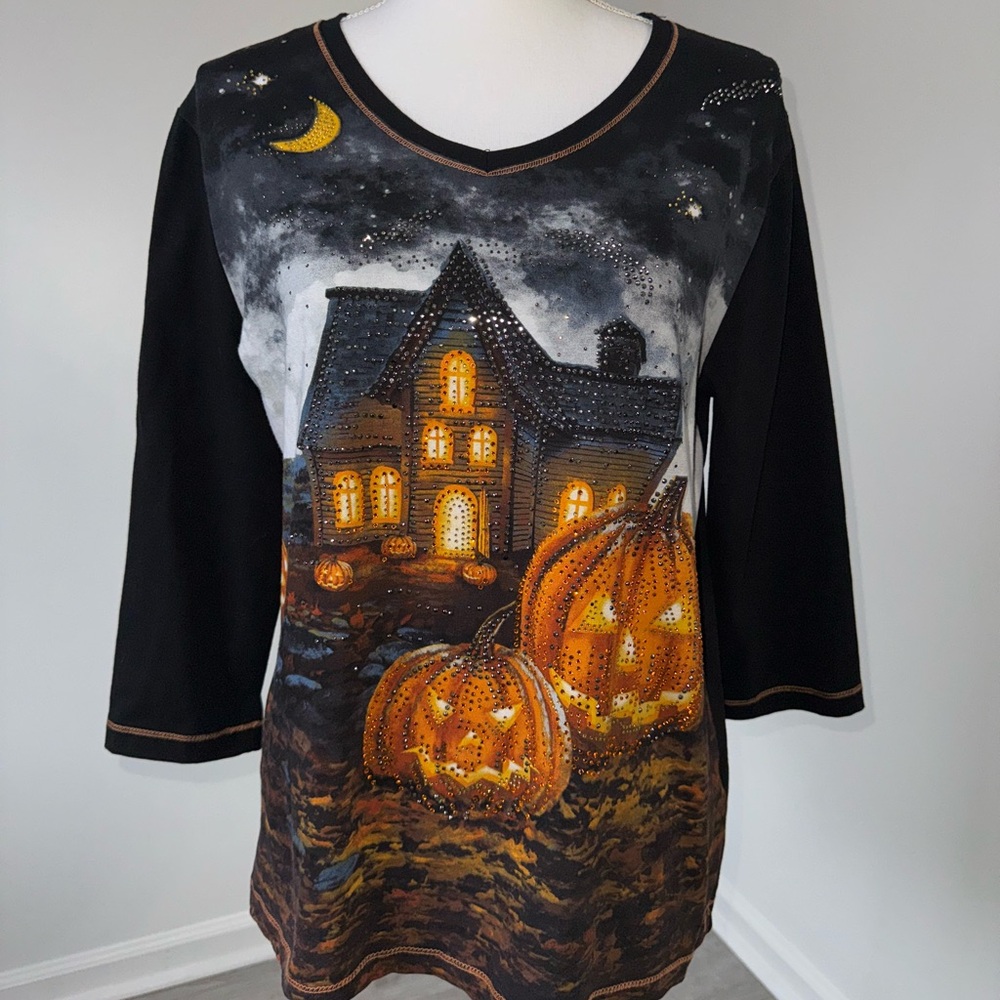 Onque Casuals Halloween Pumpkin Haunted‎ House Rhinestone Top L